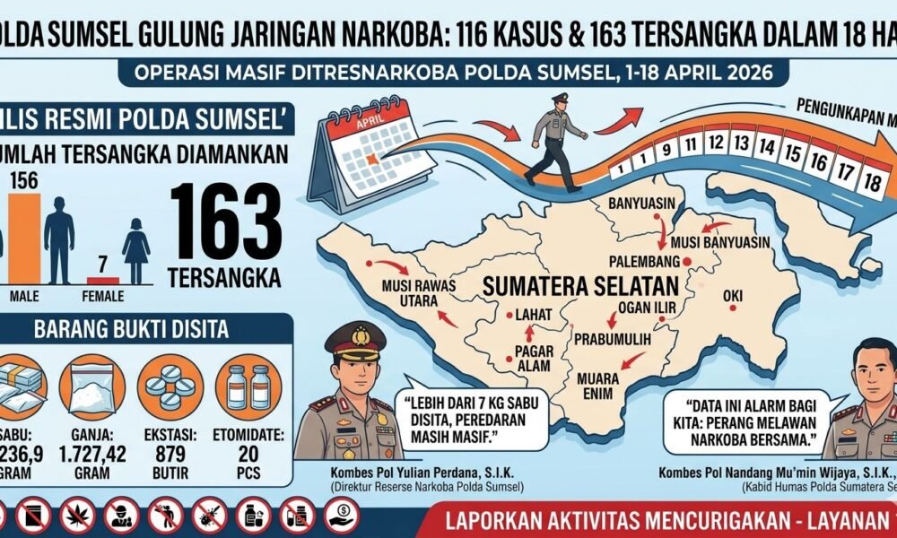 Sepanjang April 2026 Polda Sumsel Ungkap 116 Kasus Narkoba dan Tangkap 163 Tersangka
