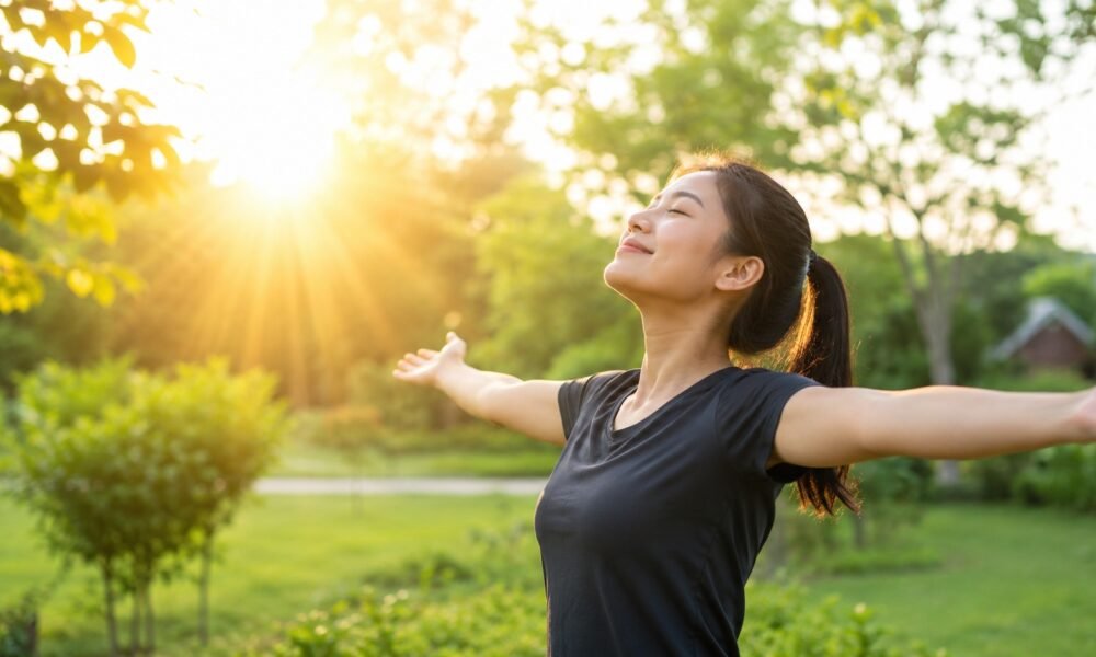 Seorang wanita sedang berjemur di bawah sinar matahari pagi di area taman hijau dengan kedua tangan terbuka, menggambarkan manfaat paparan sinar matahari pagi untuk kesehatan tubuh dan produksi vitamin D alami. (Foto: Ilustrasi/AI)