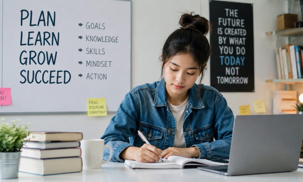 Seorang Gen Z sedang belajar menggunakan laptop sambil membuat catatan sebagai ilustrasi tips mengembangkan diri untuk meraih masa depan gemilang di era digital. (Foto: ilustrasi/AI)