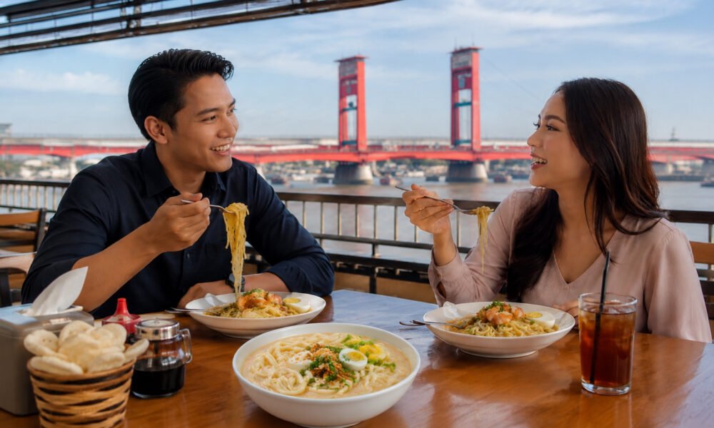 Sepasang kekasih sedang menikmati Mie Celor Palembang dengan kuah udang gurih yang kental, disajikan bersama udang segar, telur rebus, tauge, dan taburan bawang goreng, menjadi salah satu kuliner legendaris khas Sumatera Selatan yang menggugah selera. (Foto: Adit/Sriwijayaterkini.co)