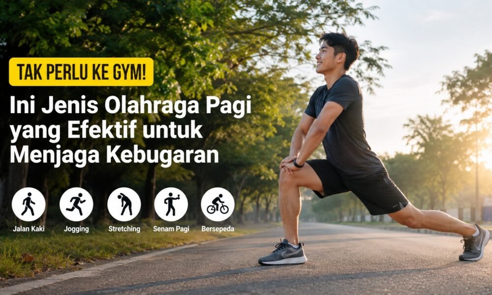 Seorang pria melakukan gerakan peregangan (stretching) di jalan taman saat pagi hari dengan latar pepohonan hijau dan sinar matahari yang hangat. (Foto: Ilustrasi/AI)