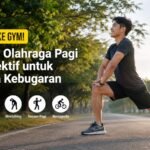 Seorang pria melakukan gerakan peregangan (stretching) di jalan taman saat pagi hari dengan latar pepohonan hijau dan sinar matahari yang hangat. (Foto: Ilustrasi/AI)