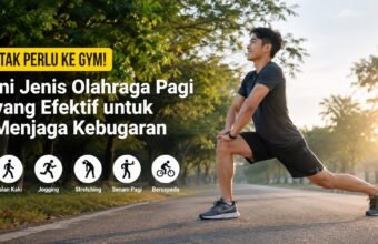 Seorang pria melakukan gerakan peregangan (stretching) di jalan taman saat pagi hari dengan latar pepohonan hijau dan sinar matahari yang hangat. (Foto: Ilustrasi/AI)