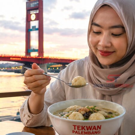 Model dan Tekwan Palembang dengan kuah kaldu udang gurih, bihun, jamur kuping, dan bawang goreng, kuliner khas Palembang yang digemari wisatawan. (Foto: Aditya/Sriwijayaterkini.co)