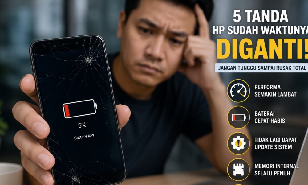 Seorang pengguna memperlihatkan smartphone yang mengalami layar retak dan baterai cepat habis sebagai ilustrasi lima tanda HP sudah waktunya diganti agar aktivitas tetap lancar. (Foto: ilustrasi/sriwijayaterkini.co)