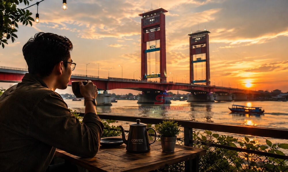 Seorang pria ngopi di sore hari dengan view jembatan Ampera. (Foto: istimewa)