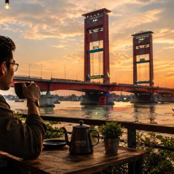 5 Manfaat Ngopi di Sore Hari yang Jarang Diketahui, Nomor 3 Bikin Semangat Kembali! Seorang pria ngopi di sore hari dengan view jembatan Ampera. (Foto: istimewa)