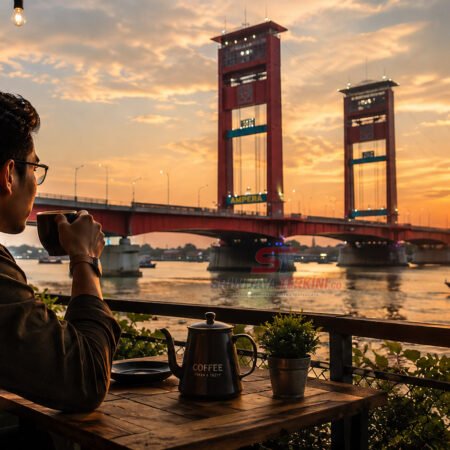 Seorang pria ngopi di sore hari dengan view jembatan Ampera. (Foto: istimewa)