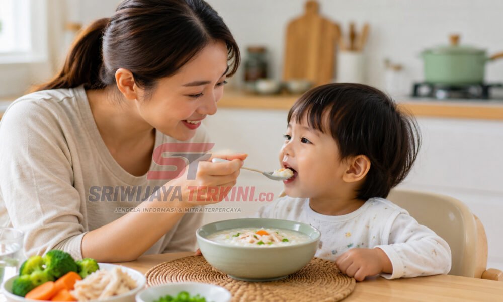 Seorang ibu memberikan semangkuk bubur hangat kepada anak saat sarapan pagi dengan suasana dapur yang cerah. (Foto: dok/sriwijayaterkini.co)
