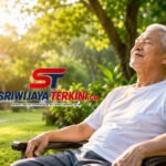 Seorang lansia sedang berjemur di bawah sinar matahari pagi di taman dengan suasana hijau yang asri sambil tersenyum, menggambarkan gaya hidup sehat dan aktif di usia lanjut. (Foto: dok/sriwijayaterkini.co)