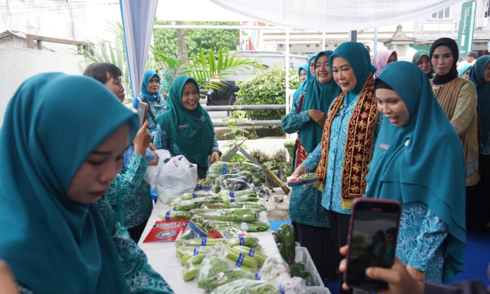 Ketua TP PKK Provinsi Sumatera Selatan, Feby Herman Deru, tampak berjongkok memetik dan memanen hasil budidaya yang dikelola ibu-ibu PKK bersama warga. (Foto: Yulie)
