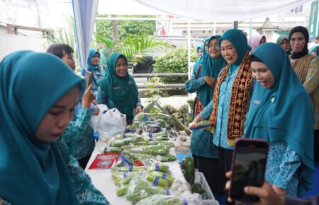 Ketua TP PKK Provinsi Sumatera Selatan, Feby Herman Deru, tampak berjongkok memetik dan memanen hasil budidaya yang dikelola ibu-ibu PKK bersama warga. (Foto: Yulie)