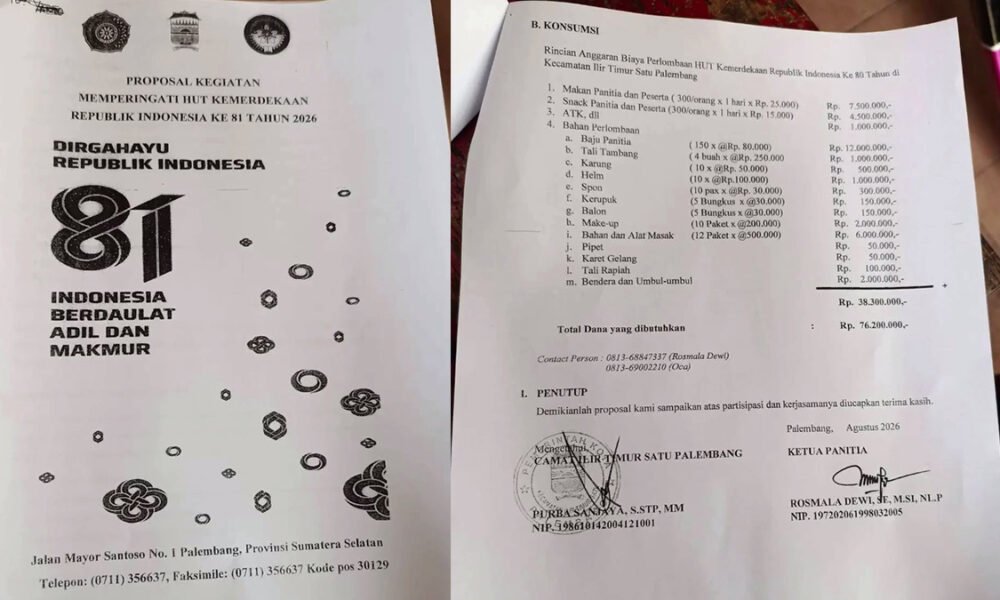 Kecamatan IT I Palembang Jadi Sorotan Publik, Proposal HUT RI Anggaran Tembus Rp76,2 Juta, Dokumen Resmi Ditandatangani Camat