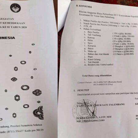 Kecamatan IT I Palembang Jadi Sorotan Publik, Proposal HUT RI Anggaran Tembus Rp76,2 Juta, Dokumen Resmi Ditandatangani Camat